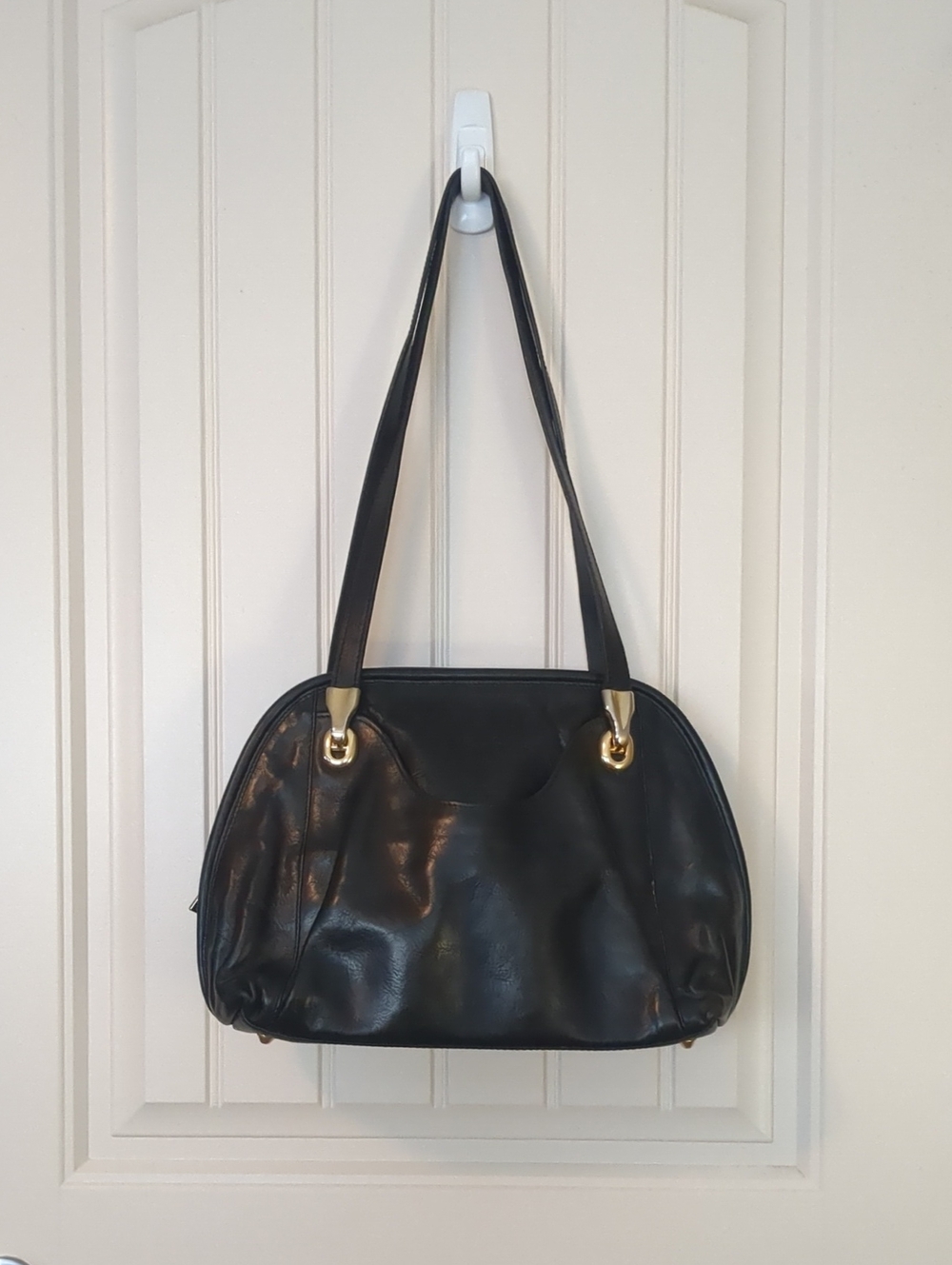 Black Italian Leather Shoulder Tote with Gold Hardware